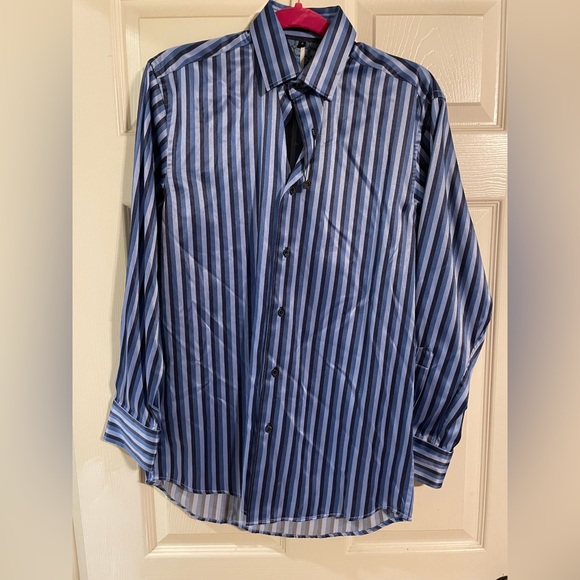 Asconti Black NWOT Mens Blue Striped Sateen Dress Shirt - Picture 1 of 3